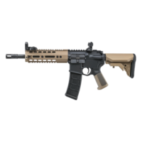 A tactical firearm with an extended magazine rests on transparent background png