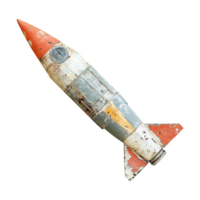 Aged metallic rocket with a weathered texture is isolated on transparent background png