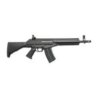 Black assault rifle stands isolated horizontally with magazine attached on transparent background png
