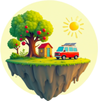 A whimsical floating island scene features a tiny house, apple tree, and camper van. png