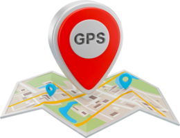 A 3D rendering of a GPS locator pin on a map. png