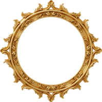 An ornate, circular, gold frame with elaborate detailing sits against a transparent background. png