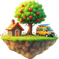 A whimsical floating island features a small house, apple tree, and van. png