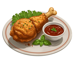 A crispy fried chicken drumstick sits on a plate with a side of sauce and garnish. png
