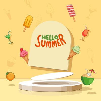 summer square podium presentation banner with illustration of summer tropical ice cream, coconut drink, orange, drinks clipart, hello summer calligraphy