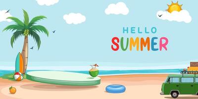 hello summer podium presentation background with illustration of palm tree, drink, car, ball, swimming inflated balloon etc. vector