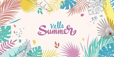 hello summer tropical leaves colorful abstract minimal background, hello summer typography vector