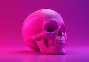 A skull is shown in a pink and purple background photo