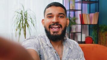 POV view man blogger taking selfie on smartphone call online conversation recording stories video