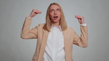 Business woman showing bla-bla-bla nonsense gesture with hands, gossips empty promises, blah concept video