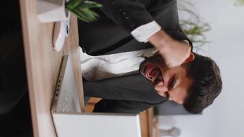 Business man winner working browsing typing on laptop at office celebrate big lottery win good news video