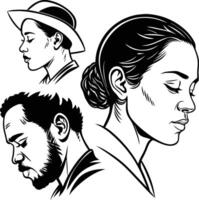 Profiles of diverse individuals in black and white line art. vector