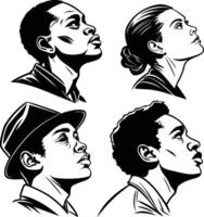 Four diffuses faces in black fine pencil white background vector
