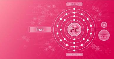 Minerals iron in chemical structure with atomic on red background. Health care and science icon pattern medical innovation. Supplements vitamins complex. . vector