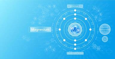 Minerals magnesium in chemical structure with atomic on blue background. Health care and science icon pattern medical innovation. Supplements vitamins complex. . vector