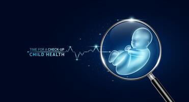 Unborn child inside magnifying glass with scan search and blue glowing neon heart pulse. Health care and medical check up too innovative digital technology. Body health checkup examining organ. vector