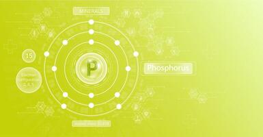 Minerals phosphorus in chemical structure with atomic on green background. Health care and science icon pattern medical innovation. Supplements vitamins complex. . vector