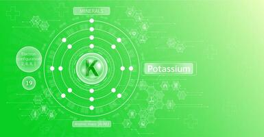 Minerals potassium in chemical structure with atomic on green background. Health care and science icon pattern medical innovation. Supplements vitamins complex. . vector