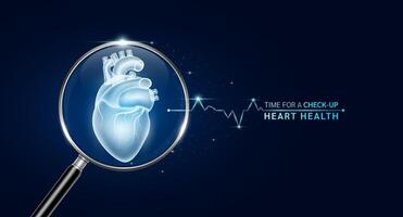 Heart inside magnifying glass with scan search. Health care medical check up too innovative futuristic digital technology. Body health checkup examining organ and blue glowing neon pulse. vector