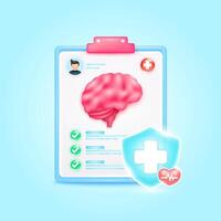 Medical document form board. Brain organ check up list for health doctor. Symbol cross in shield, red heart pulse line with check mark green button. Health care concept. 3d icon cartoon. vector
