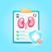 Medical document form board. Kidney organ check up list for health doctor. Symbol cross in shield, red heart pulse line with check mark green button. Health care concept. 3d icon cartoon. vector