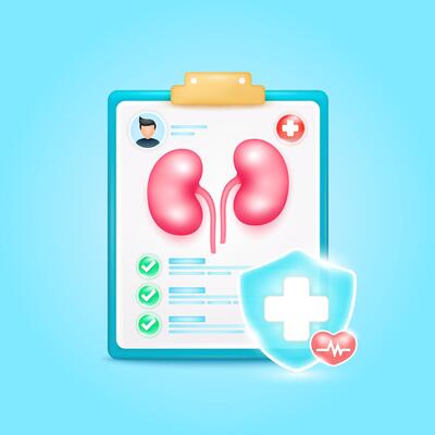 Medical document form board. Kidney organ check up list for health doctor. Symbol cross in shield, red heart pulse line with check mark green button. Health care concept. 3d icon cartoon.