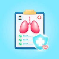 Medical document form board. Lung organ check up list for health doctor. Symbol cross in shield, red heart pulse line with check mark green button. Health care concept. 3d icon cartoon. vector