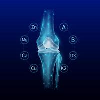 Leg bone translucent polygon style surrounded by vitamins and minerals calcium zinc magnesium protect and restore knee joint cartilage. On a blue background. vector