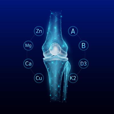 Leg bone translucent polygon style surrounded by vitamins and minerals calcium zinc magnesium protect and restore knee joint cartilage. On a blue background.