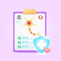 Medical document form board. Nerve check up list for health doctor. Symbol cross in shield, red heart pulse line with check mark green button. Health care concept. 3d icon cartoon. vector