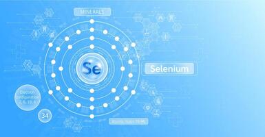 Minerals selenium in chemical structure with atomic on blue background. Health care and science icon pattern medical innovation. Supplements vitamins complex. . vector