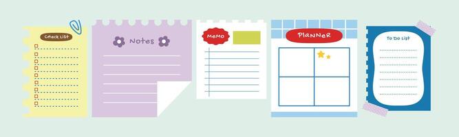 Different colored notepads, memo, notes and lists for planning and scheduling. It is great for writing reminders, messages and business tasks. vector