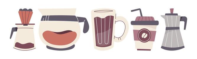 Five stylized coffee makers and cups illustration. A collection of different ways to make and enjoy coffee, showcasing variety and warmth. vector