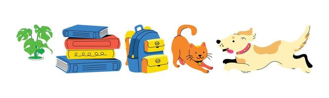 A playful illustration depicting a stack of books next to a backpack, with a stretching cat and running dog. Perfect for educational or pet-related designs. vector
