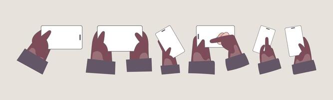 Illustration featuring hands holding various digital devices, suitable for showcasing application design, user interface concepts, or mobile technology in a clean and modern style. vector
