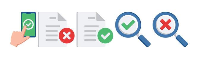 A document verification process, with elements of approval and denial, represented by checkmarks and crosses. Magnifiers and smartphone validation add depth to this visual concept. vector