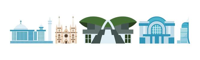 Flat illustration of various city landmarks, including religious buildings, a stadium, and a skyscraper, perfect for travel and architecture-related projects. vector