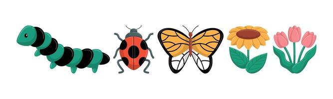 A collection of cartoon illustrations featuring a caterpillar, ladybug, butterfly, sunflower, and tulips, perfect for adding a touch of playful nature to any creative project. vector