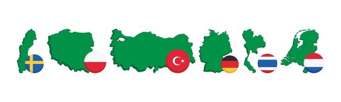 An image shows various country maps silhouette in green color with each corresponding flag located next to it, ideal for infographics, travel planning, or geographical representations. vector