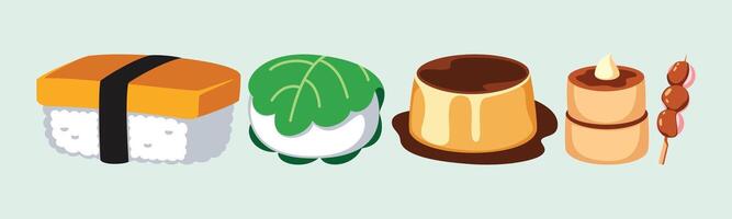 A charming illustration featuring an assortment of Japanese sweets, showcasing sushi, leaf-wrapped mochi, pudding, and dango on a skewer in a delightful cartoon style. vector