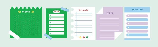 Five different colorful planning note set, for writing messages, notes and tasks, for office, education, business. vector