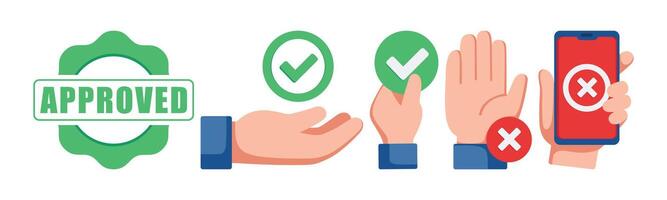 An illustration depicting icons representing approval and rejection. The imagery includes checkmarks, a cross, and hands interacting with a smartphone to show acceptance and denial. vector