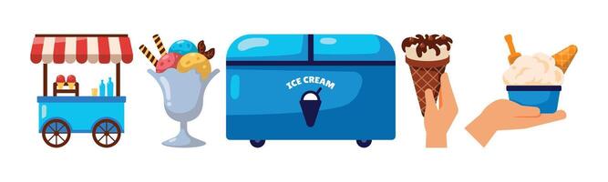 A delightful assortment of ice cream treats, including cones, sundaes, and cups, all served from a charming vendor cart. Perfect for a refreshing summer snack vector
