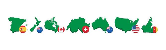 Illustrative representation of different countries. Each map is paired with its respective national flag, emphasizing the connection between territory and national identity. vector