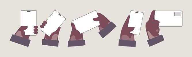 Illustration depicting hands holding various electronic devices, ideal for mockups, presentations, and digital user interfaces. vector