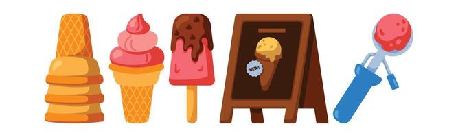 A colorful illustration featuring various types of frozen desserts, including ice cream cones, popsicles, and a scoop. Suitable for menus, shops, or summer-themed designs. vector