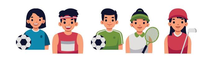 A diverse set of cartoon characters engaged in various sports, perfect for illustrating a healthy and active lifestyle. vector