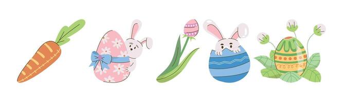 A playful illustration showcasing Easter elements, including a bunny with patterned eggs and a carrot, all rendered in a cute, cartoon style. The design evokes spring and festive celebrations. vector