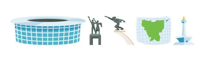 Illustration of Jakarta landmarks in a simple and clean style. Includes stadium, statues, map of Jakarta, and Monas monument. vector