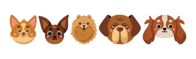 A cheerful collection of cartoon dog faces, representing various breeds, all designed in a cute, friendly, and playful style. A fun and whimsical illustration showcasing canine companionship. vector